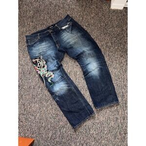 Ed Hardy Mens 44x32 Embroidered Tiger Panther Snake Dark Wash Y2K Jeans Lot 2008